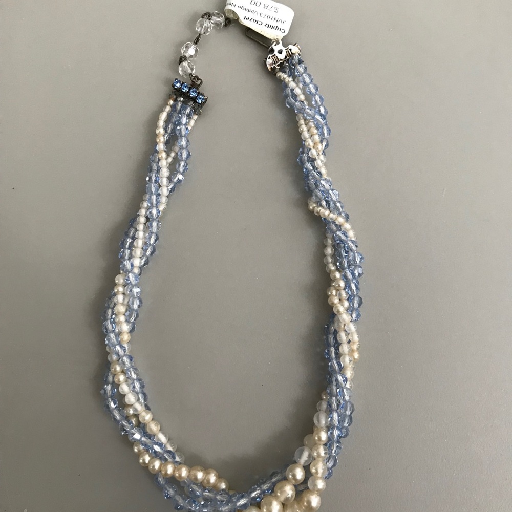 SUPER SALE Vintage Pearl & Blue Crystal Necklace